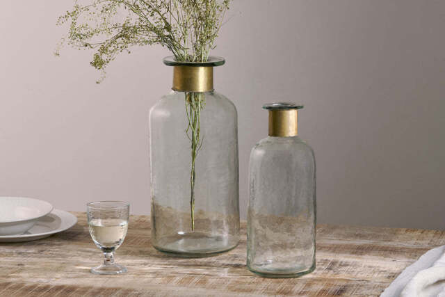 nkuku Chara Hammered Bottle - Vases & Planters - Small - Antique Brass & Clear Glass