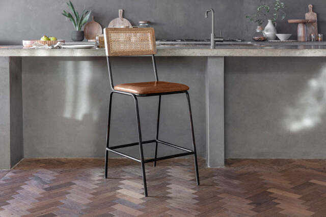 nkuku Iswa Leather & Cane Counter Dining Chair - Seating - One Size - Chocolate Brown