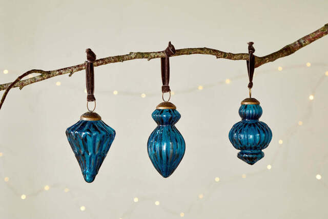 nkuku Manipur Baubles Set Of 3 - Christmas Decorations - Indigo