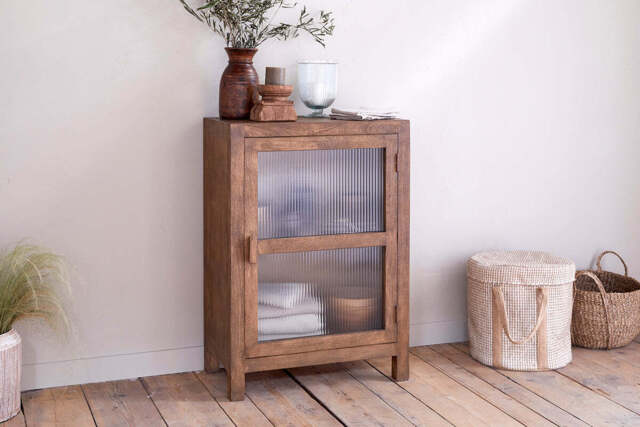nkuku Mendani Mango Wood & Fluted Glass Glass Low Cabinet - Storage Furniture - One Size - Walnut