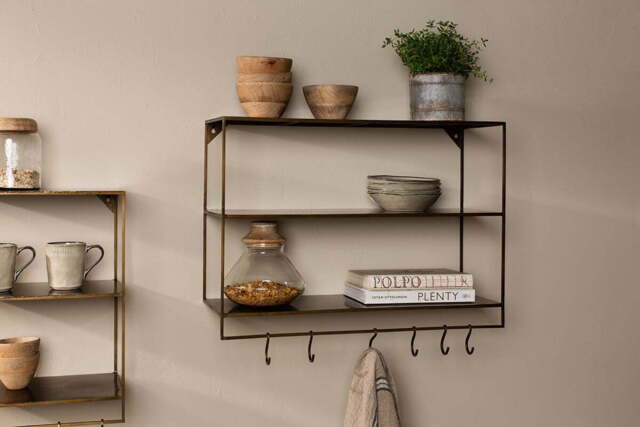 nkuku Meghana Iron Shelf With Hooks - Storage Furniture - Brass - Wide