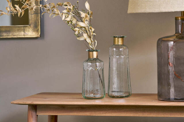 nkuku Chara Hammered Bottle - Vases & Planters - Large - Antique Brass & Clear Glass