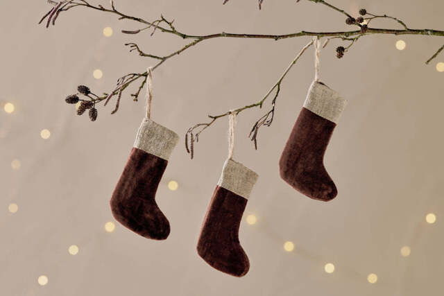 nkuku Karru Cotton Velvet Mini Stocking Set Of 3 - Christmas Decorations - Rich Mocha