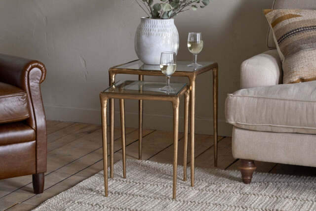 nkuku Gilasi Cast Metal & Glass Nesting Side Tables Set Of 2 - Tables - One Size - Antique Brass