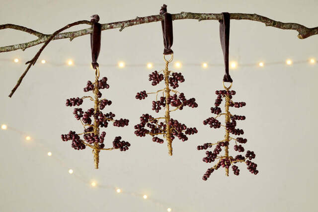 nkuku Tanu Mango Wood Beaded Baubles Set Of 3 - Christmas Decorations - Brass/Ruby