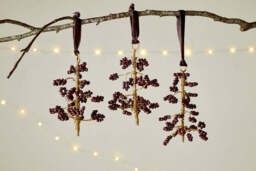 nkuku Tanu Mango Wood Beaded Baubles Set Of 3 - Christmas Decorations - Brass/Ruby
