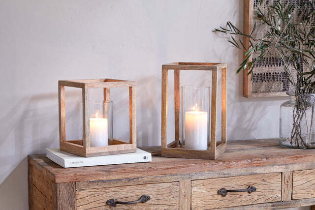nkuku Sanora Mango Wood Lantern - Candles Holders & Lanterns - Large - Natural