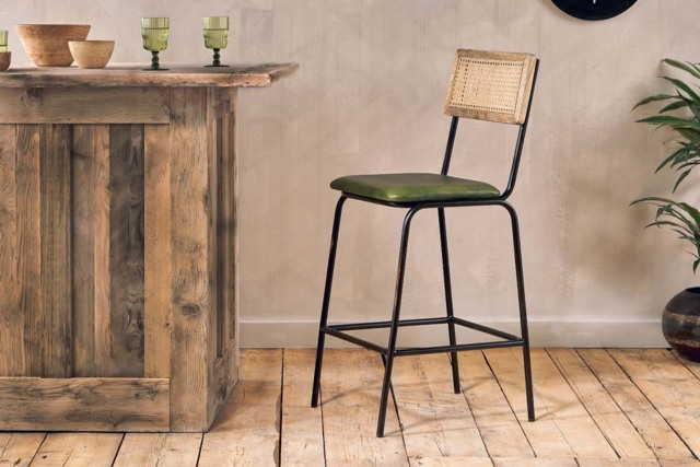 nkuku Iswa Leather & Cane Counter Dining Chair - Seating - One Size - Rich Green