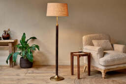 nkuku Digha Wood & Metal Floor Lamp - Lamps - One Size - Dark Stain & Antique Brass