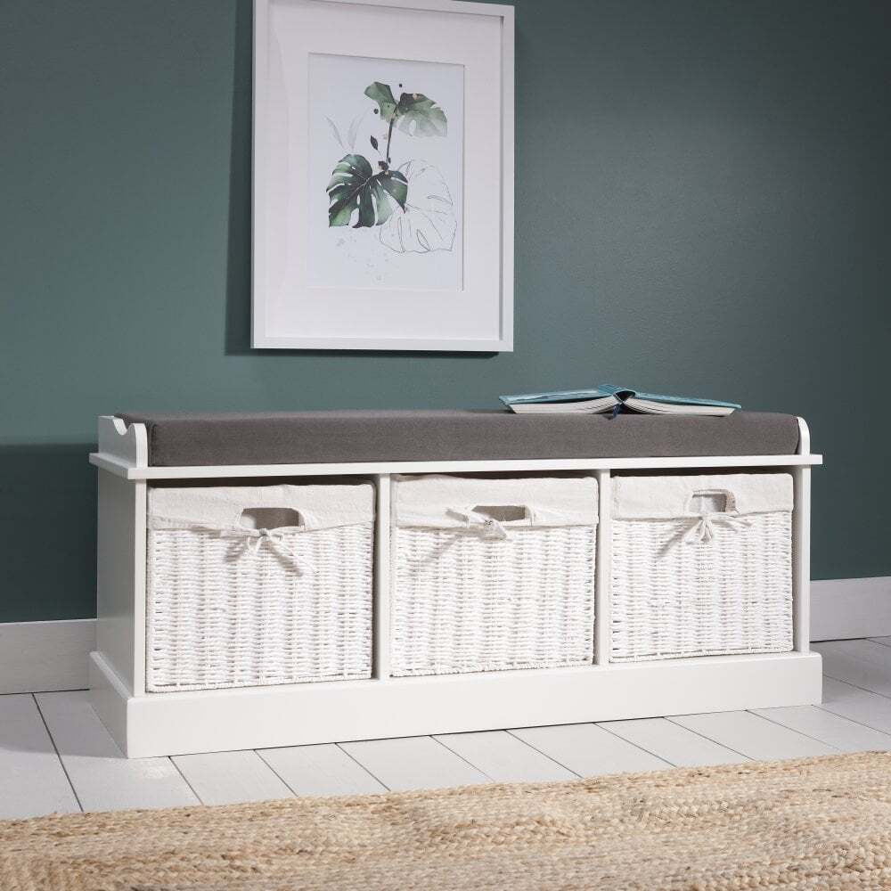 "Stockholm Storage Bench with 3 Baskets in Classic White "
