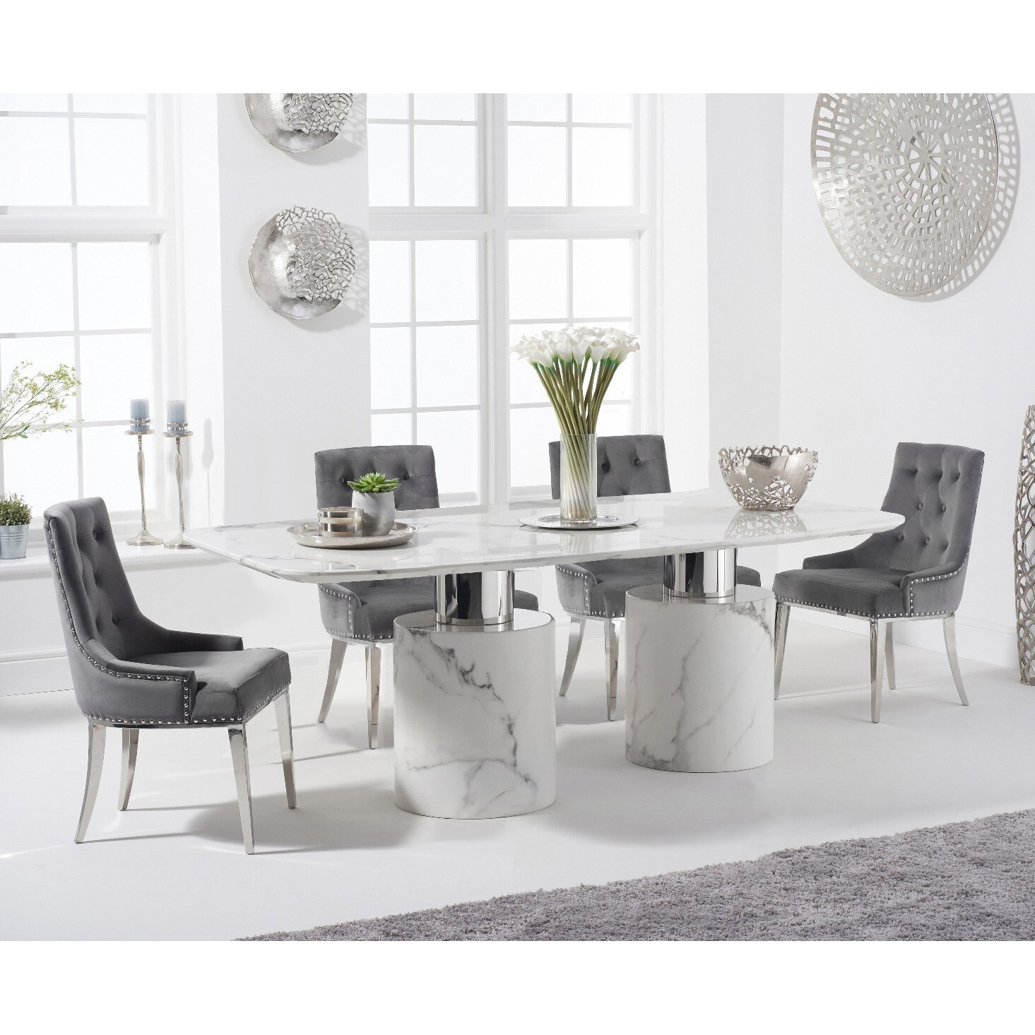 Antonio 180cm White Marble Table With 4 Grey Sienna Chairs