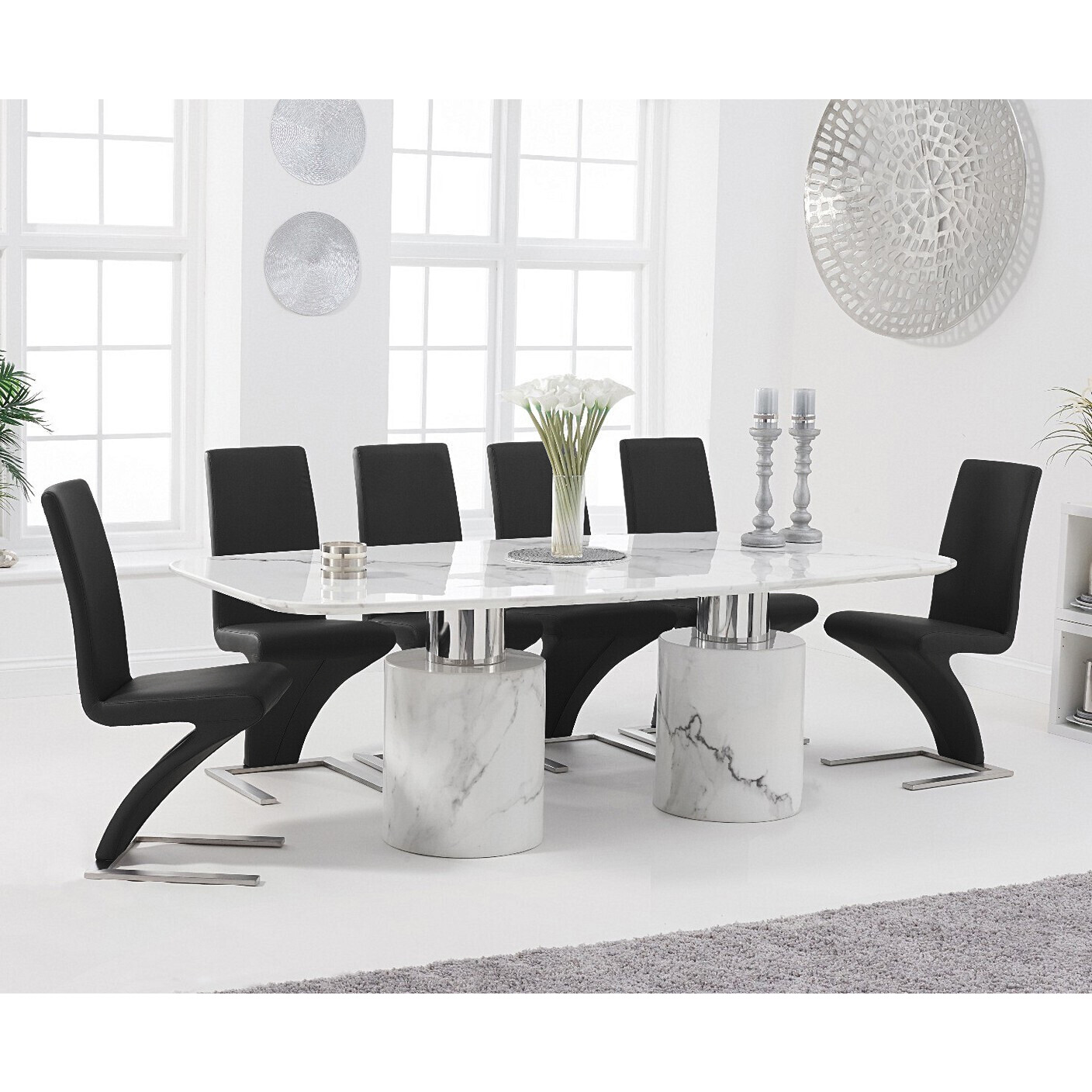Antonio 220cm White Marble Dining Table With 6 Black Aldo Z Chairs