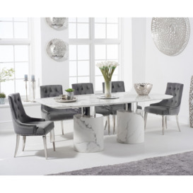 Antonio 220cm White Marble Table With 10 Grey Sienna Chairs