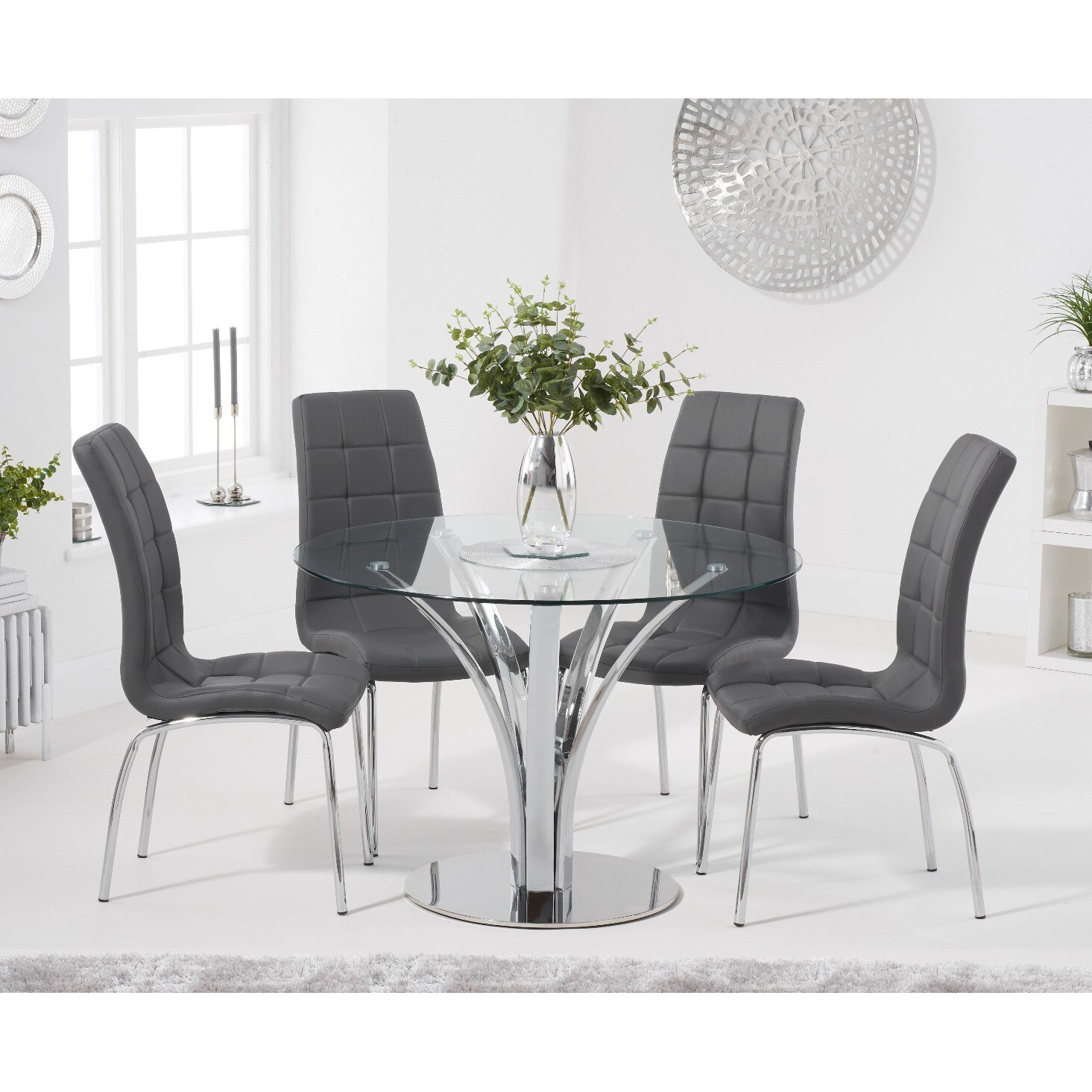Aria 110cm Glass Dining Table With 4 Brown Calgary Faux Leather Chairs