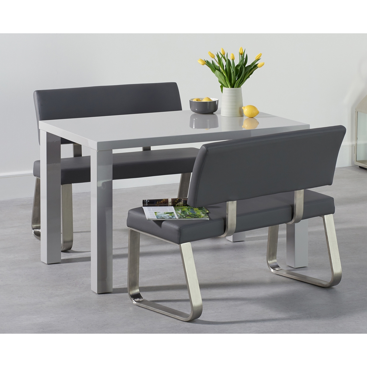 Seattle 120cm Light Grey High Gloss Dining Table with Austin Benches with Backs