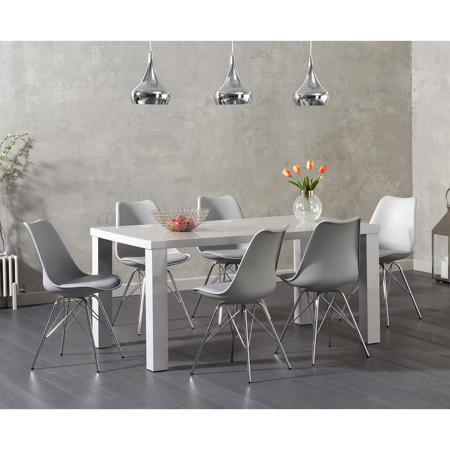 Atlanta 160cm Light Grey High Gloss Dining Table With 4 White Celine Chrome Leg Chairs