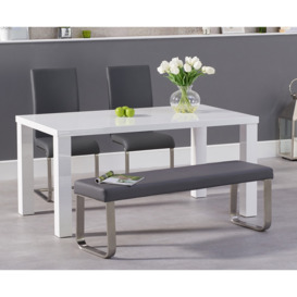 Atlanta 160cm White High Gloss Dining Table with Austin Chairs and Austin Grey Bench