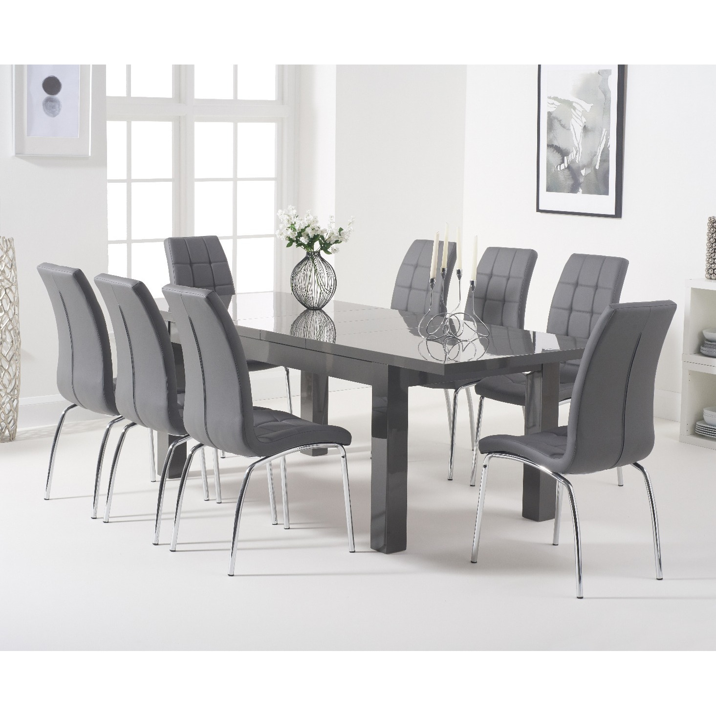 Atlanta Dark Grey Gloss 160-220cm Extending Dining Table With 4 Brown Calgary Chairs