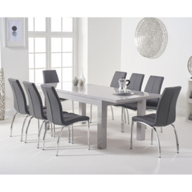 Extending Seattle Light Grey Gloss 160-220cm Dining Table with 8 Black Marco Chairs