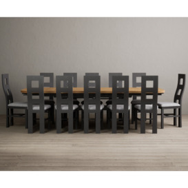 Extending Olympia 180cm Oak and Charcoal Grey Dining Table with 12 Blue Flow Back Chairs