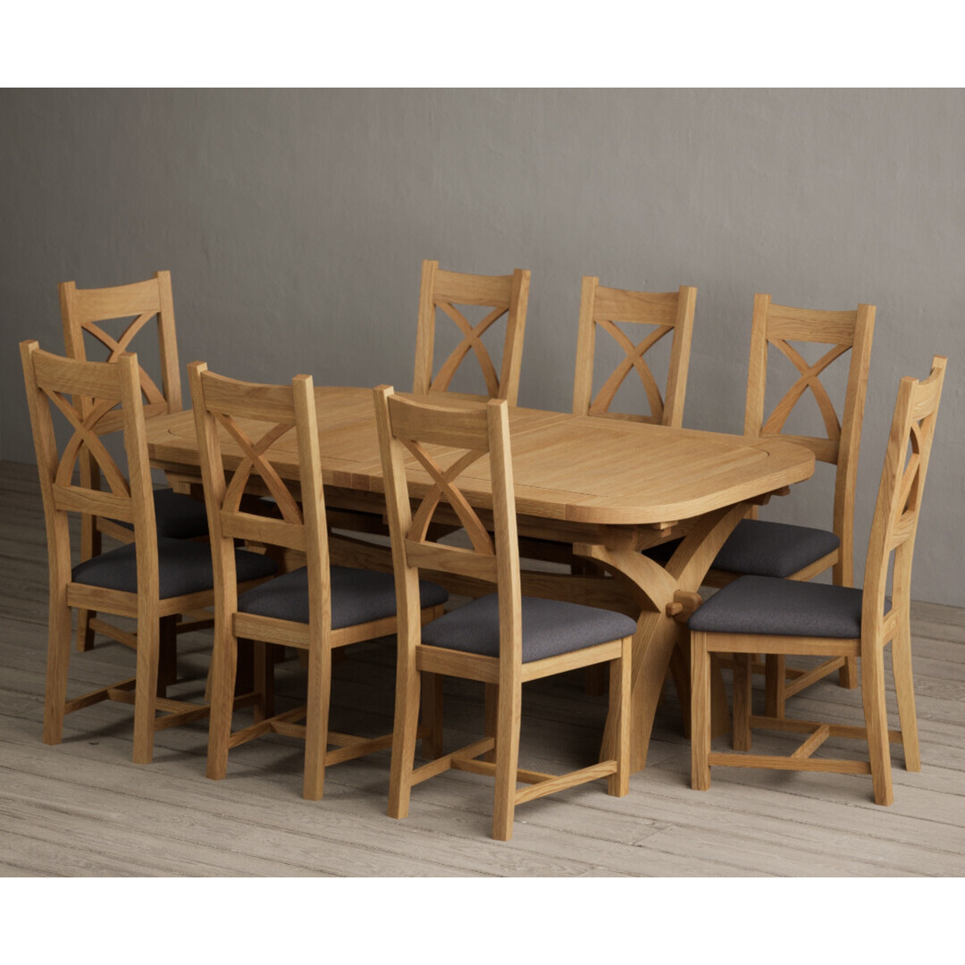 Extending Olympia 180cm Solid Oak Dining Table With 10 Blue X Back Chairs