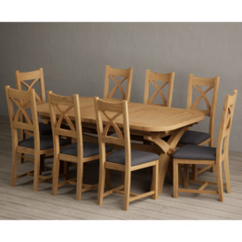 Extending Atlas 180cm Solid Oak Dining Table With 10 Blue X Back Chairs
