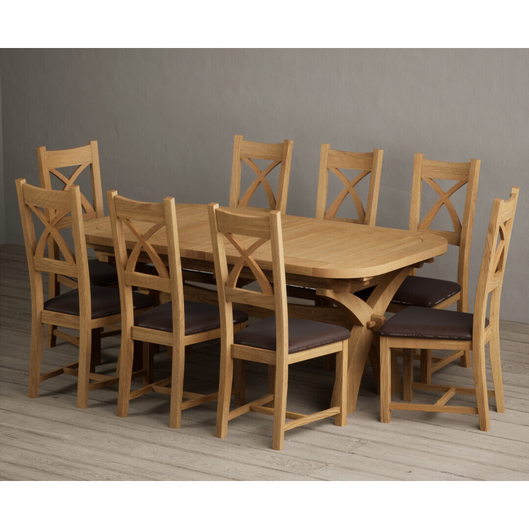 Extending Olympia 180cm Solid Oak Dining Table With 10 Blue X Back Chairs