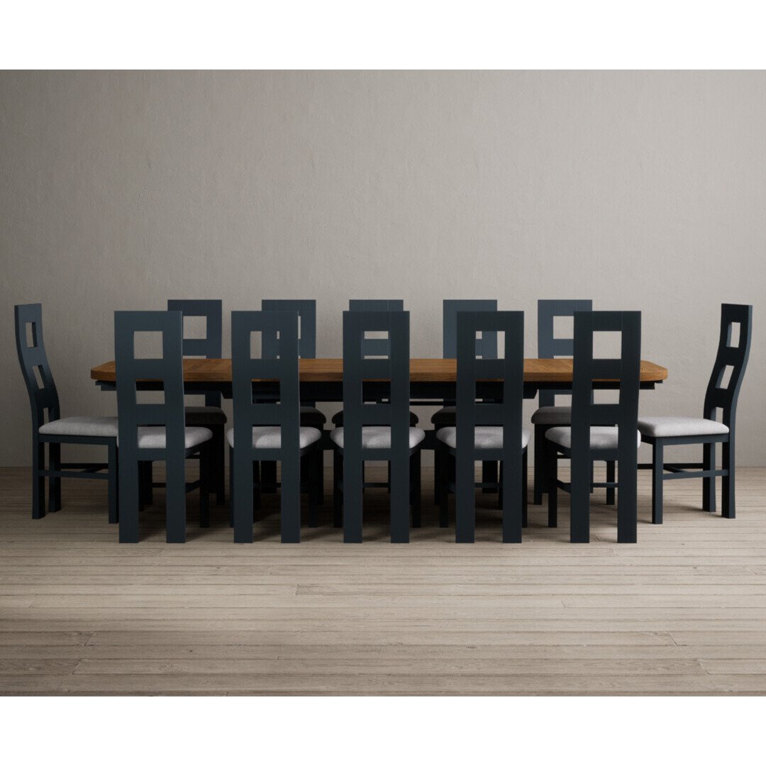 Extending Olympia 180cm Oak and Dark Blue Dining Table with 6 Linen Flow Back Chairs
