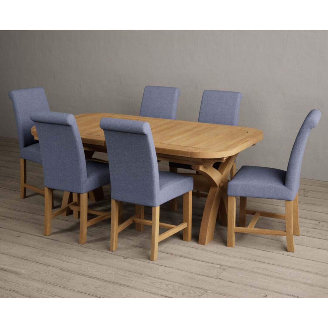 Extending Olympia 180cm Solid Oak Dining Table With 10 Blue Braced Leg Chairs