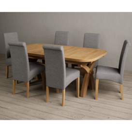 Atlas 180cm Solid Oak Extending Dining Table With 6 Blue Scroll Back Chairs