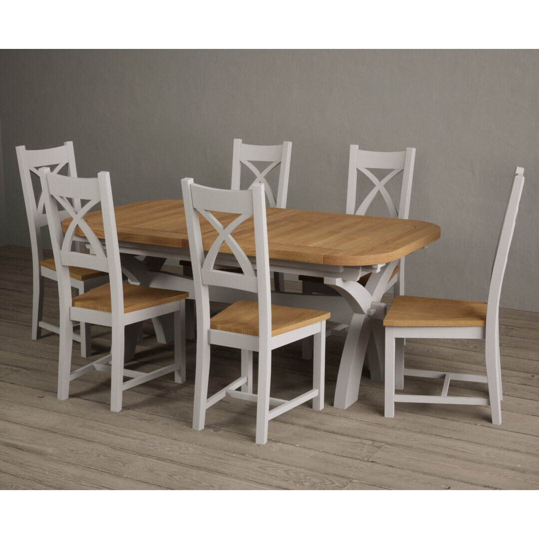 Extending Olympia 180cm Oak and Signal White Dining Table with 6 Linen X Back Chairs