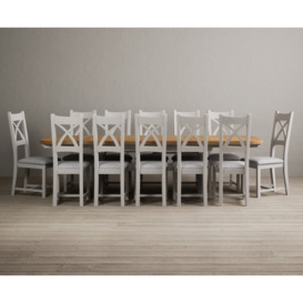 Olympia 180cm Oak and Soft White Extending Dining Table With 12 Blue X Back Chairs