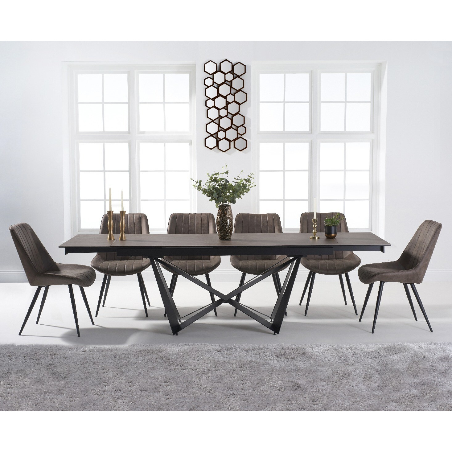 Blenheim 180cm Mink Ceramic Dining Table With 6 Brown Marcel Antique Chairs