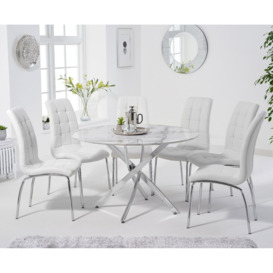 Carter 120cm Round White Marble Table With 4 Red Enzo Chairs