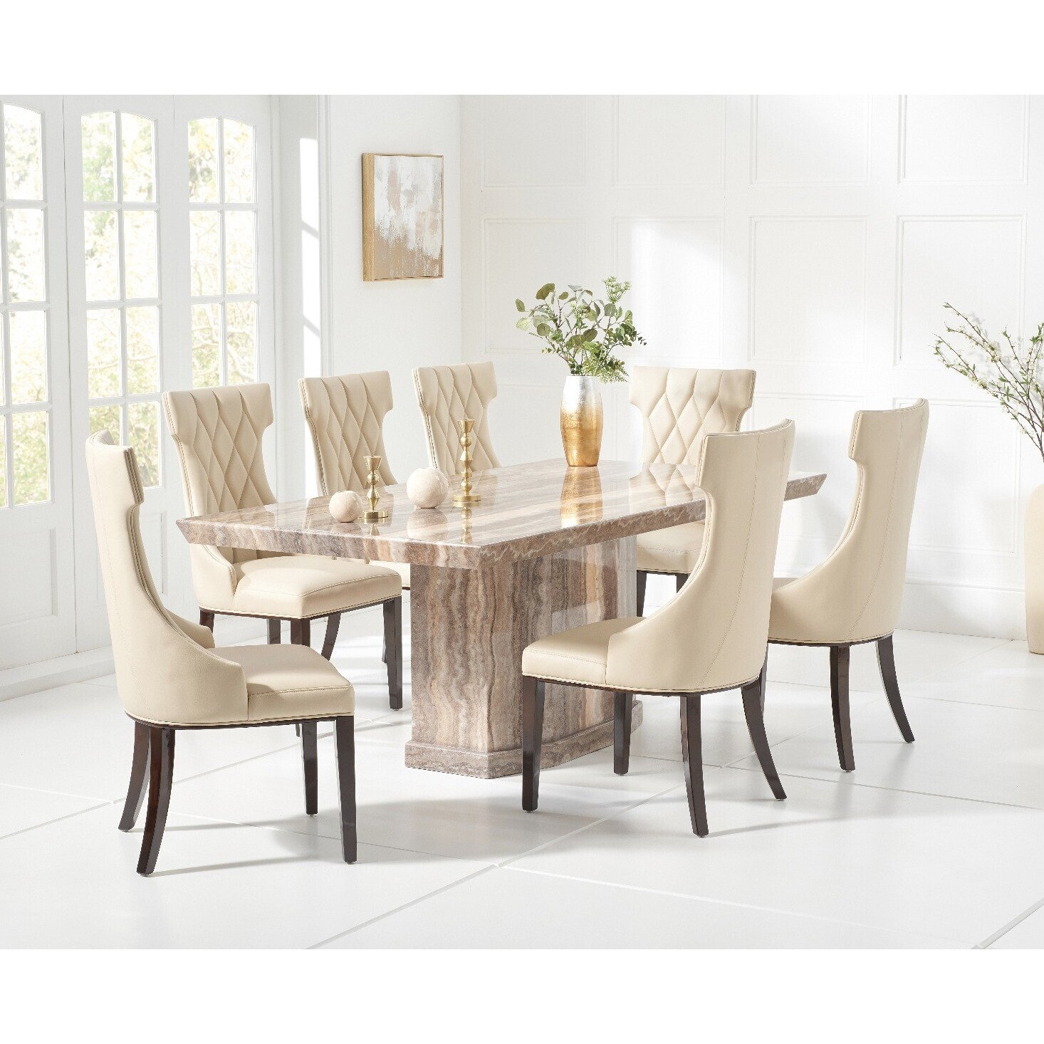Carvelle 160cm Brown Pedestal Marble Dining Table With 4 Grey Sophia Chairs