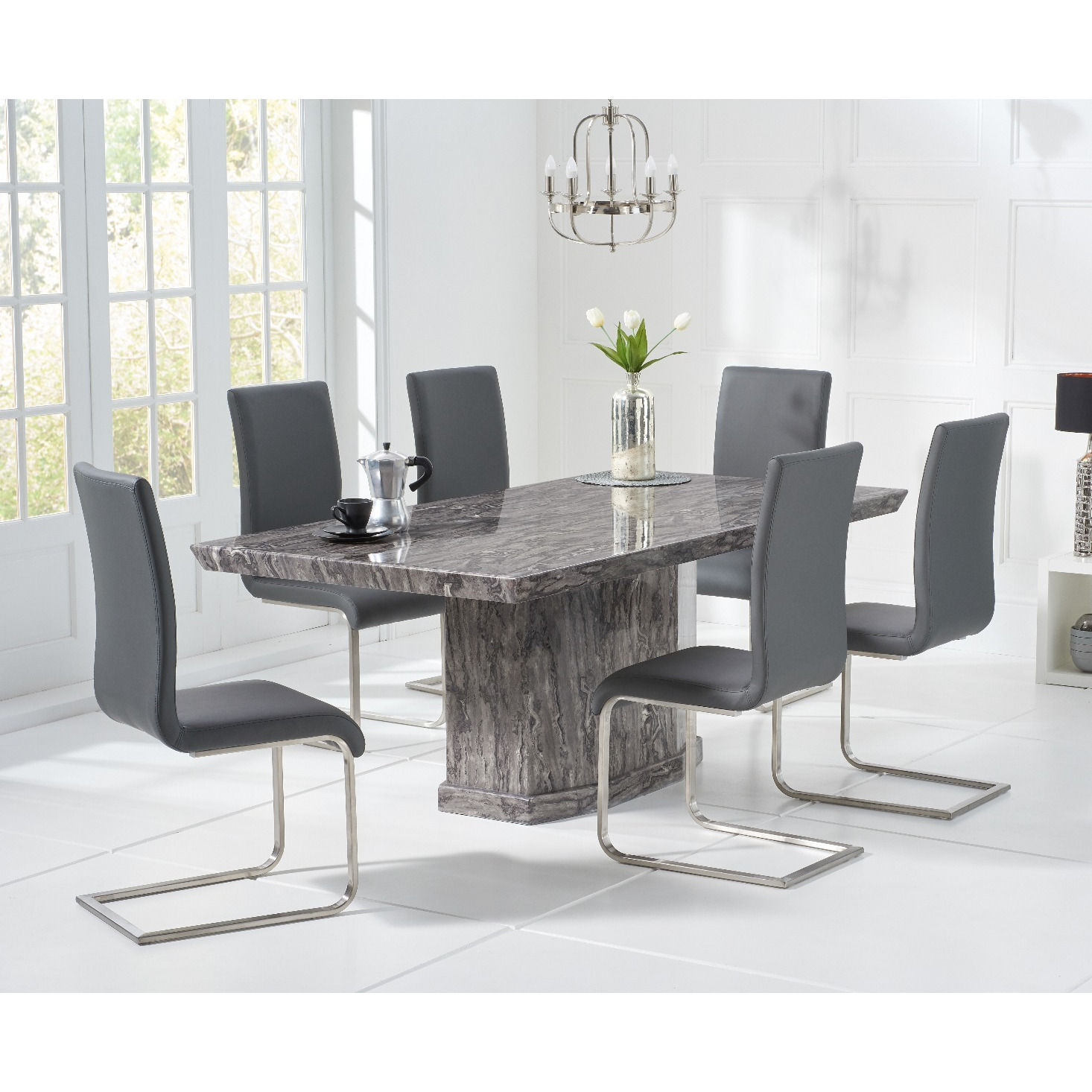 Carvelle 160cm Dark Grey Pedestal Marble Dining Table With 4 Black Austin Chairs