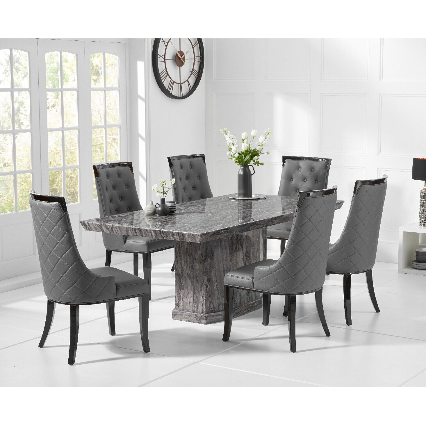 Carvelle 200cm Dark Grey Pedestal Marble Dining Table With 6 Cream Francesca Chairs
