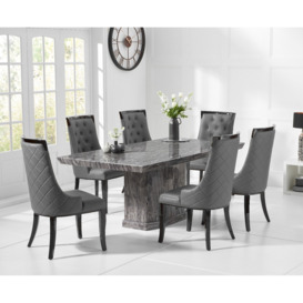 Carvelle 200cm Dark Grey Pedestal Marble Dining Table With 8 Cream Francesca Chairs