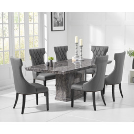 Carvelle 200cm Dark Grey Pedestal Marble Dining Table With 10 Grey Sophia Chairs