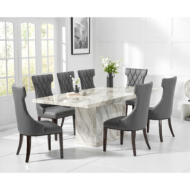Carvelle 200cm White Pedestal Marble Dining Table With 8 Grey Sophia Chairs