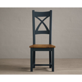 Painted Dark Blue X Back Dining Chairs with Rustic Oak Seat Pad