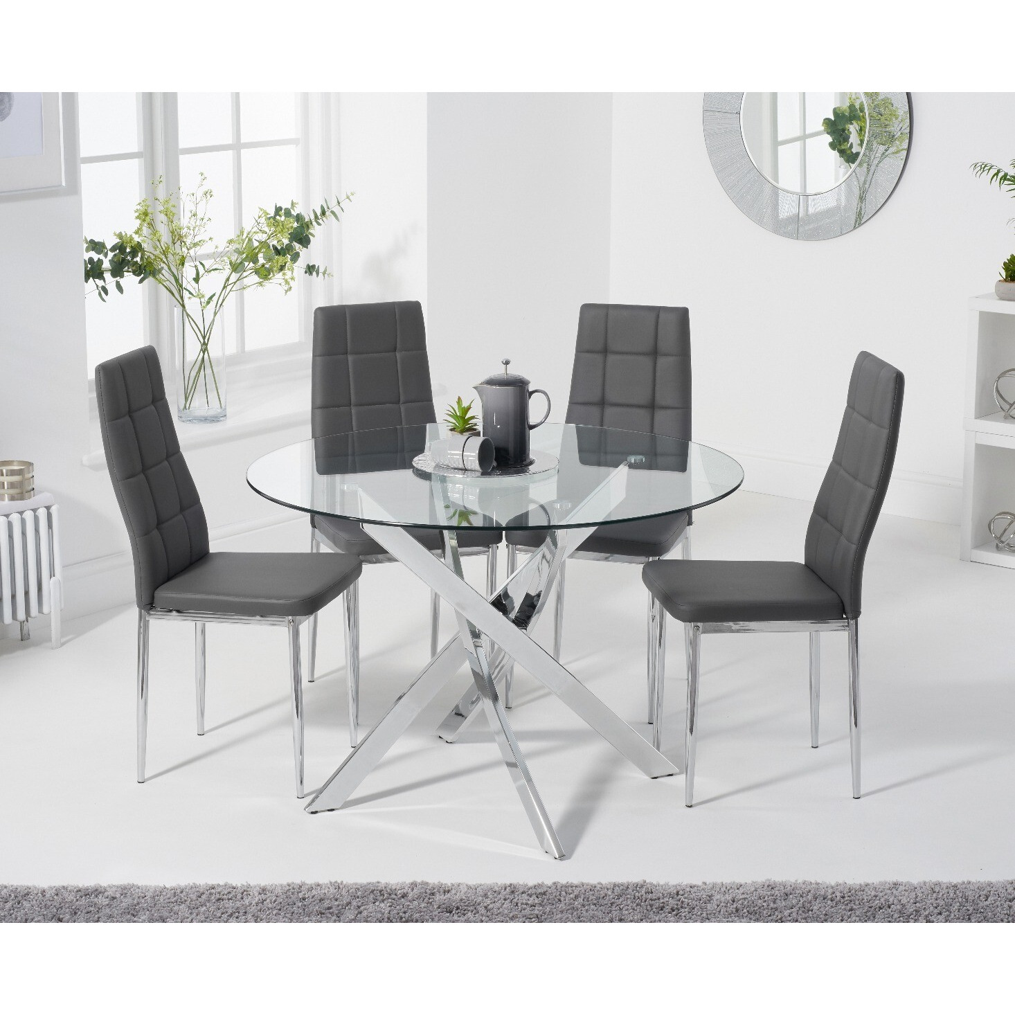 Denver 110cm Glass Dining Table with 4 Grey Angelo Faux Leather Chairs