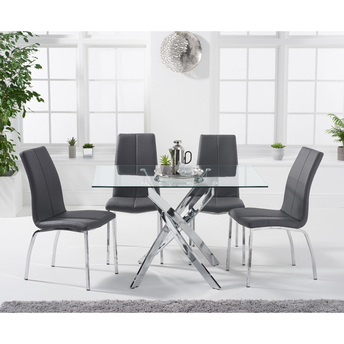 Denver 120cm Rectangular Glass Dining Table with 4 Black Marco Chairs
