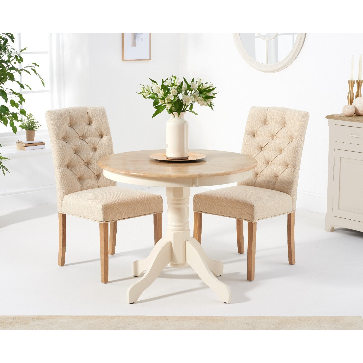 Epsom 90cm Oak and Cream Painted Dining Table With 2 Cream Claudia Fabric Chairs