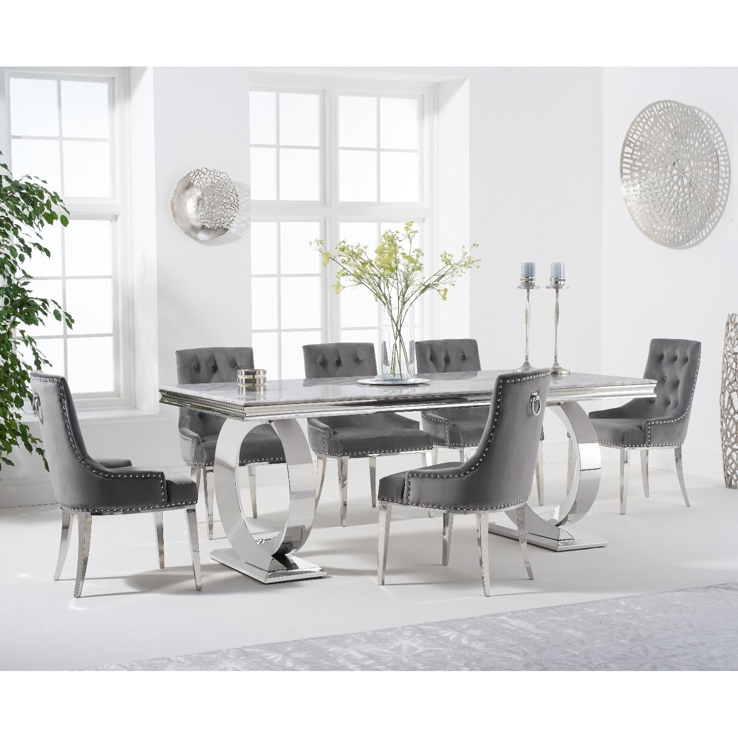 Fabio 200cm Marble Dining Table Sienna Velvet Chairs With 6 Grey