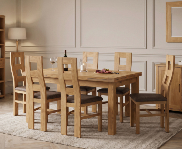 Extending Buxton 140cm Solid Oak Dining Table with 6 Brown Natural Chairs