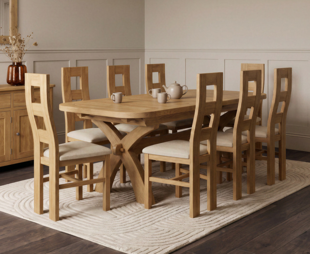 Extending Olympia 180cm Solid Oak Dining Table with 8 Linen Natural Chairs