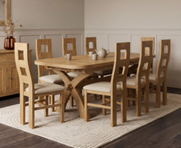 Extending Olympia 180cm Solid Oak Dining Table with 8 Linen Natural Chairs