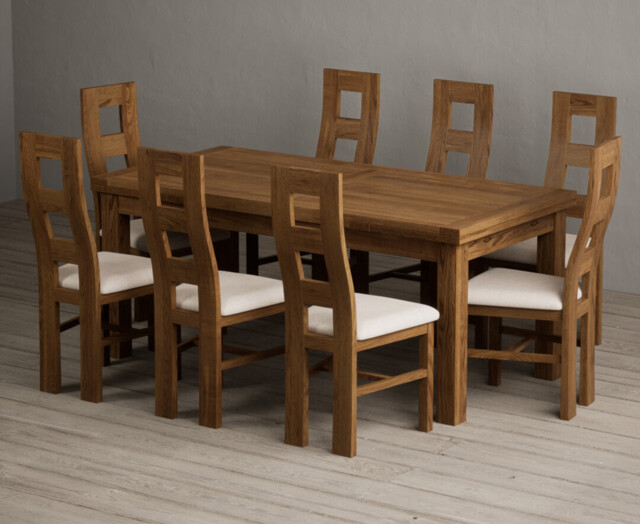 Extending Buxton 180cm Rustic Solid Oak Dining Table with 8 Linen Rustic Solid Oak Chairs