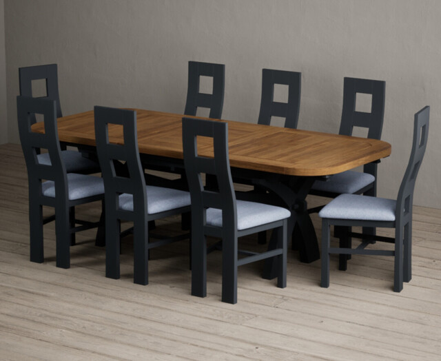 Extending Olympia 180cm Oak and Dark Blue Dining Table with 8 Blue Painted Chairs